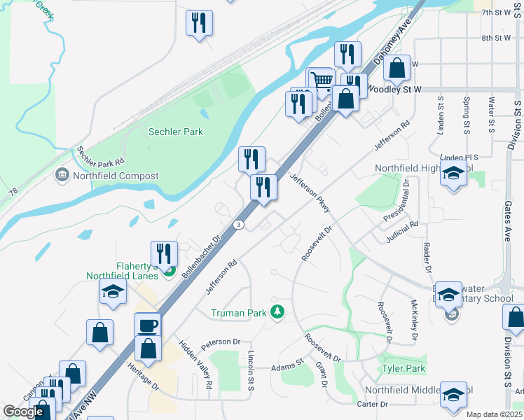 map of restaurants, bars, coffee shops, grocery stores, and more near 1501 Clinton Lane in Northfield