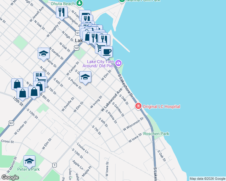 map of restaurants, bars, coffee shops, grocery stores, and more near 706 South Oak Street in Lake City