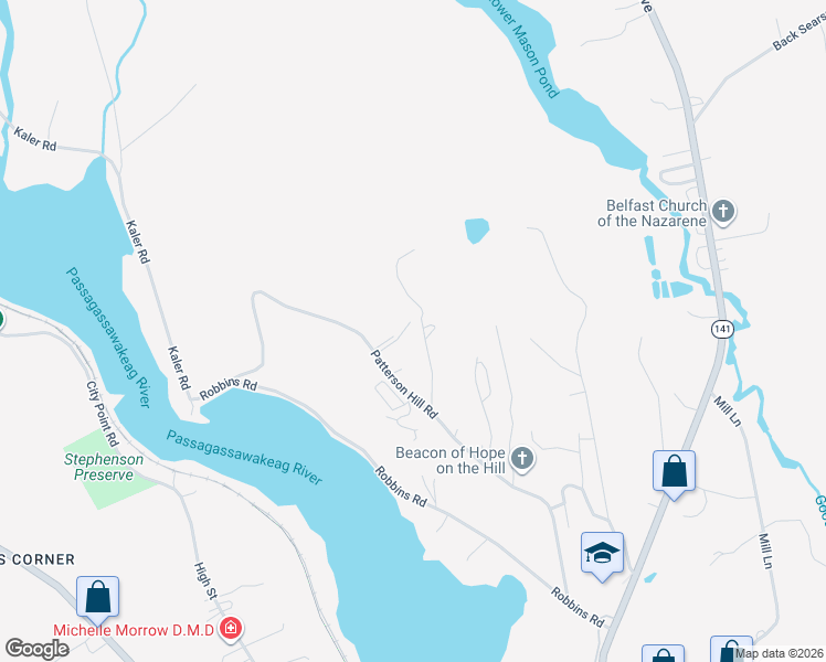 map of restaurants, bars, coffee shops, grocery stores, and more near 65 Patterson Hill Road in Belfast