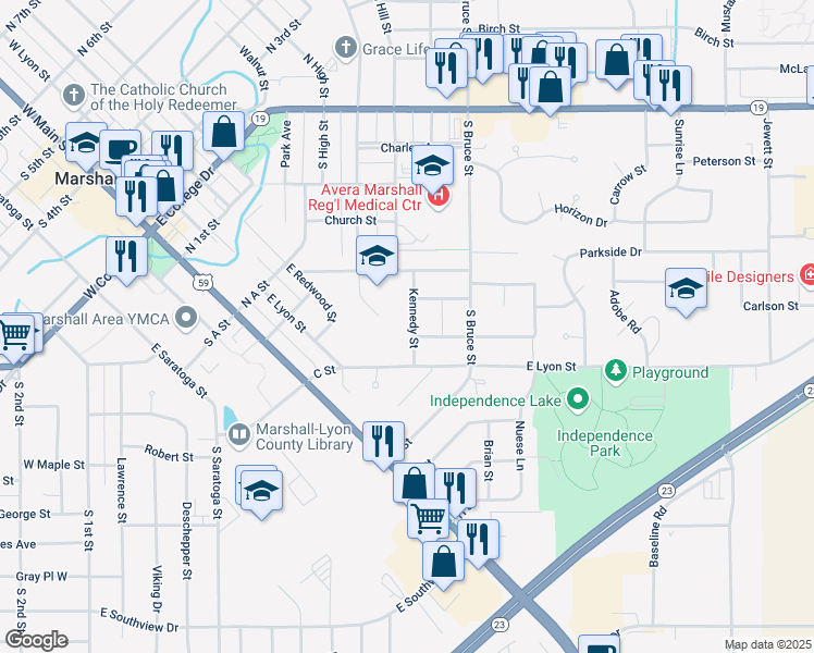 map of restaurants, bars, coffee shops, grocery stores, and more near 601 Kennedy Street in Marshall