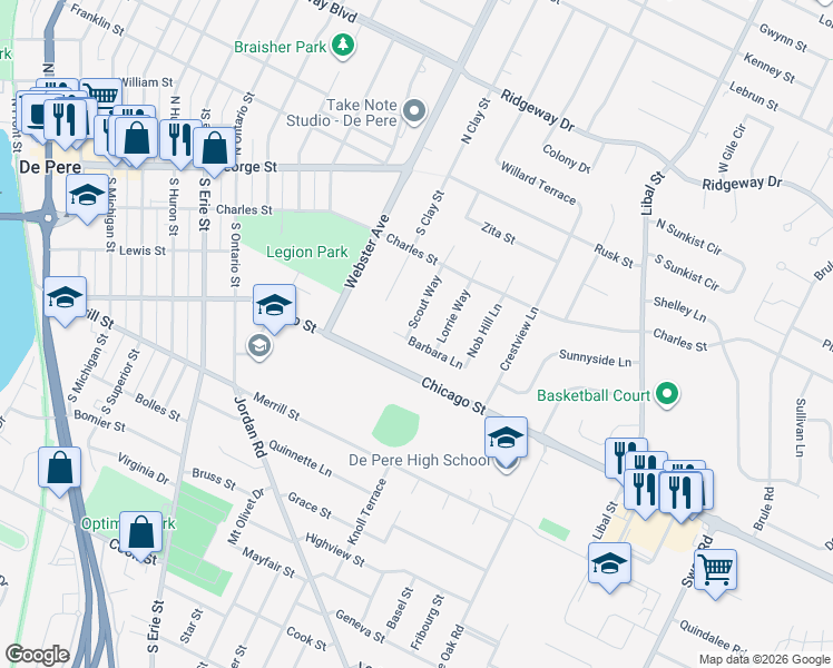 map of restaurants, bars, coffee shops, grocery stores, and more near 245 South Clay Street in De Pere