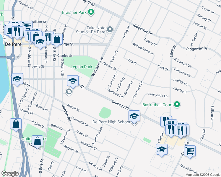 map of restaurants, bars, coffee shops, grocery stores, and more near 245 South Clay Street in De Pere