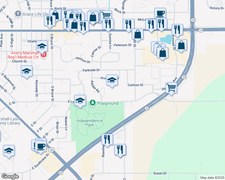 map of restaurants, bars, coffee shops, grocery stores, and more near 1300 East Lyon Street in Marshall