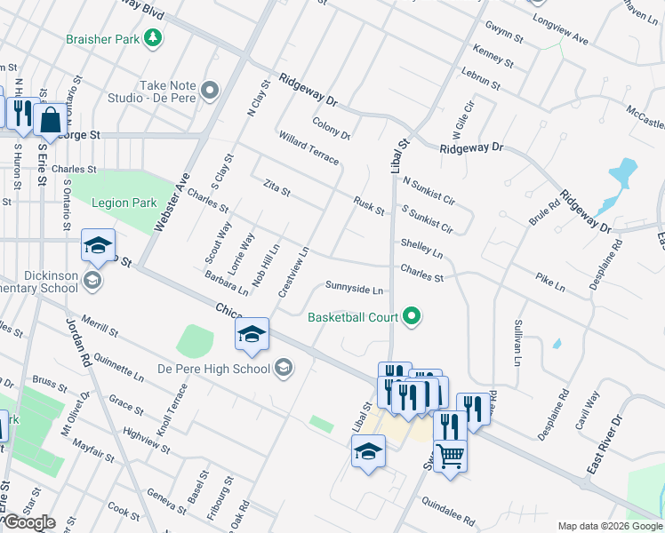 map of restaurants, bars, coffee shops, grocery stores, and more near 142 Acreview Drive in De Pere