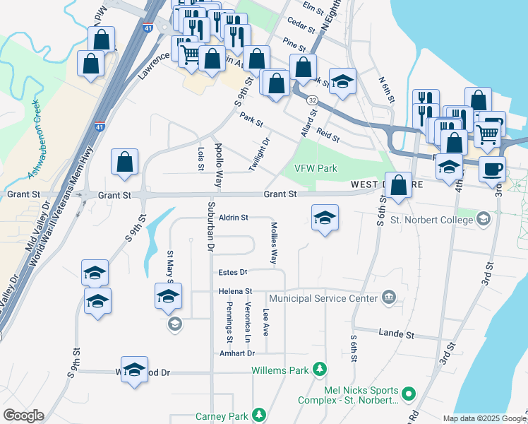 map of restaurants, bars, coffee shops, grocery stores, and more near 901 Grant Street in De Pere
