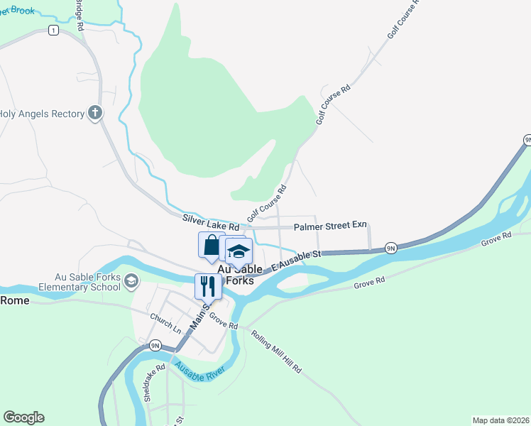 map of restaurants, bars, coffee shops, grocery stores, and more near 24 Golf Course Rd in Au Sable Forks