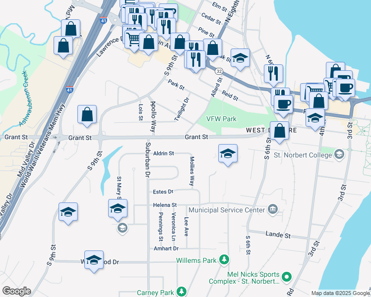 map of restaurants, bars, coffee shops, grocery stores, and more near 901 Grant Street in De Pere