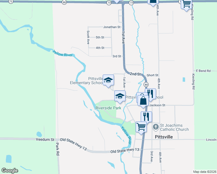 map of restaurants, bars, coffee shops, grocery stores, and more near 5459 Elementary Avenue in Pittsville