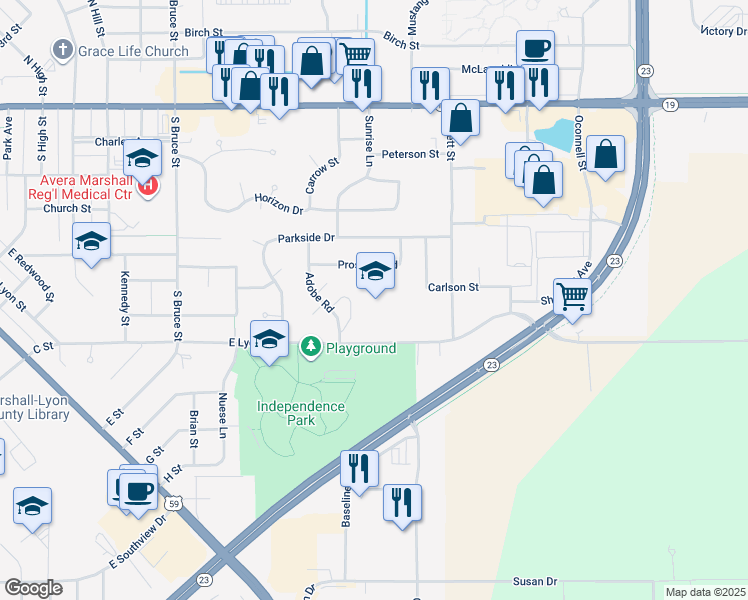 map of restaurants, bars, coffee shops, grocery stores, and more near 1300 East Lyon Street in Marshall