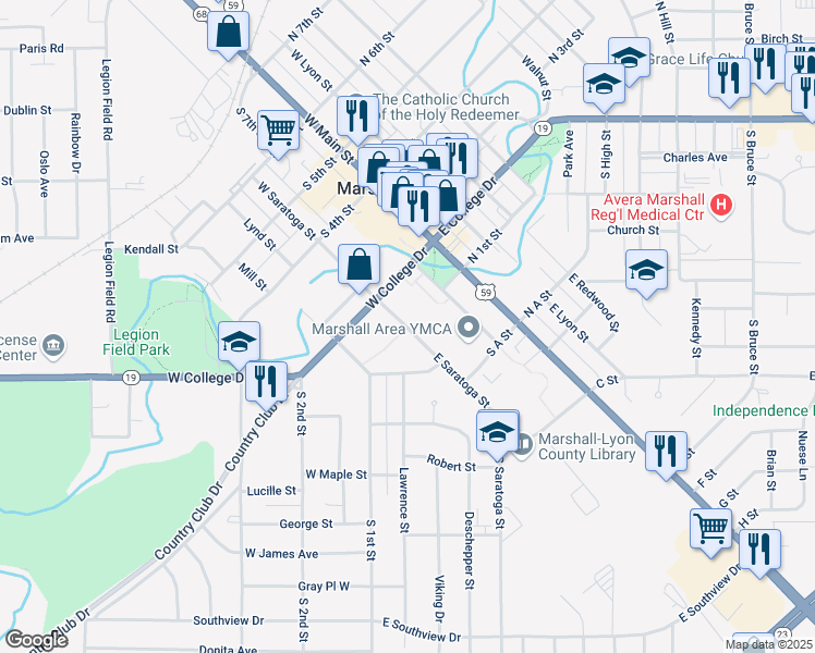 map of restaurants, bars, coffee shops, grocery stores, and more near 199 South 1st Street in Marshall