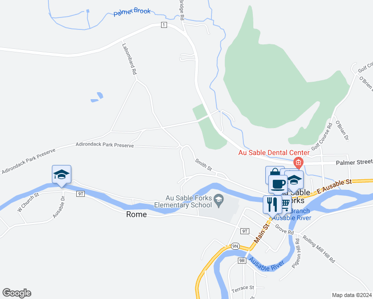 map of restaurants, bars, coffee shops, grocery stores, and more near 47 Hopkinton Turnpike in Au Sable Forks