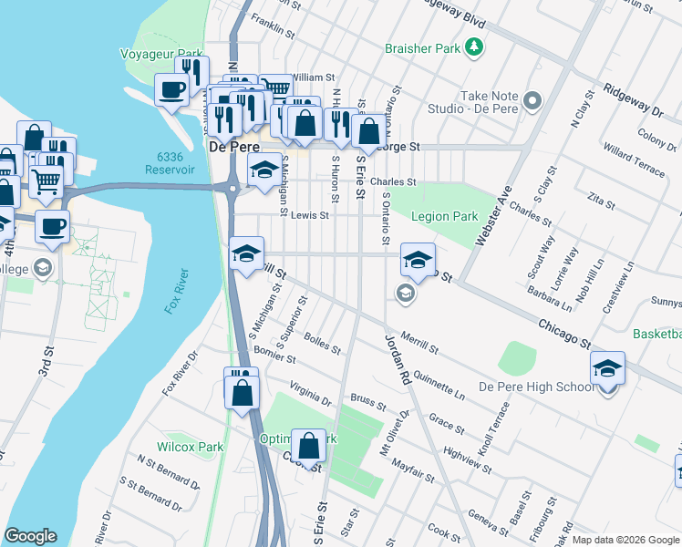 map of restaurants, bars, coffee shops, grocery stores, and more near 419 South Huron Street in De Pere