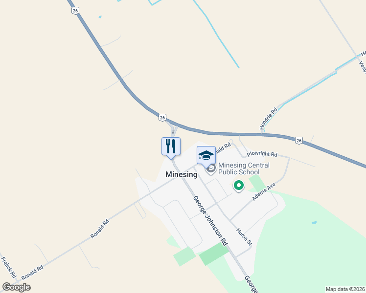 map of restaurants, bars, coffee shops, grocery stores, and more near 1630 George Johnston Road in Simcoe County