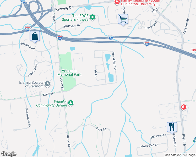 map of restaurants, bars, coffee shops, grocery stores, and more near 10 Iris Lane in South Burlington
