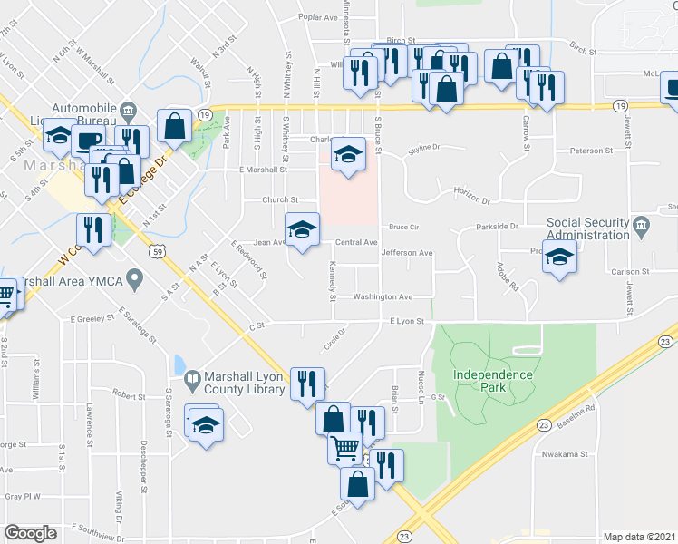 map of restaurants, bars, coffee shops, grocery stores, and more near 601 Kennedy Street in Marshall