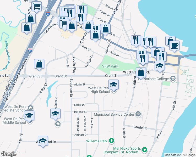 map of restaurants, bars, coffee shops, grocery stores, and more near 813 Grant St in De Pere