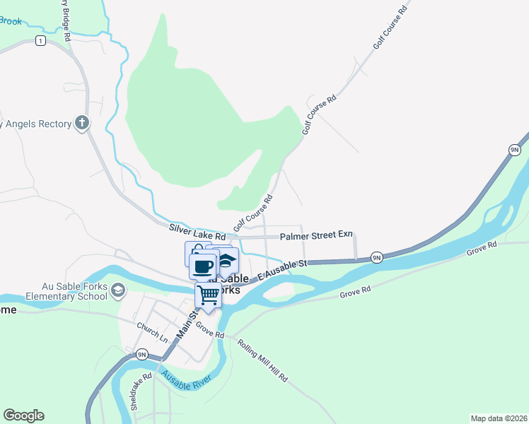 map of restaurants, bars, coffee shops, grocery stores, and more near 24 Golf Course Rd in Au Sable Forks