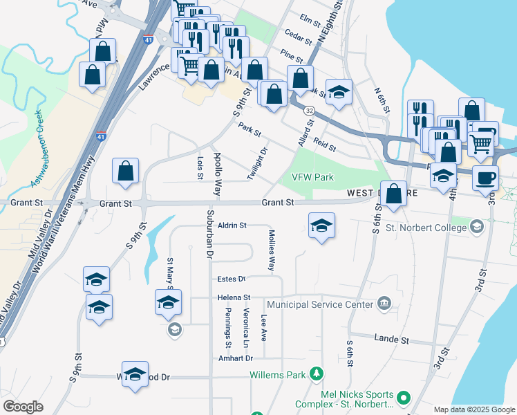 map of restaurants, bars, coffee shops, grocery stores, and more near 901 Grant Street in De Pere