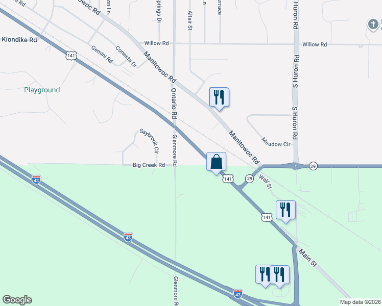 map of restaurants, bars, coffee shops, grocery stores, and more near 3122 Main Street in Green Bay