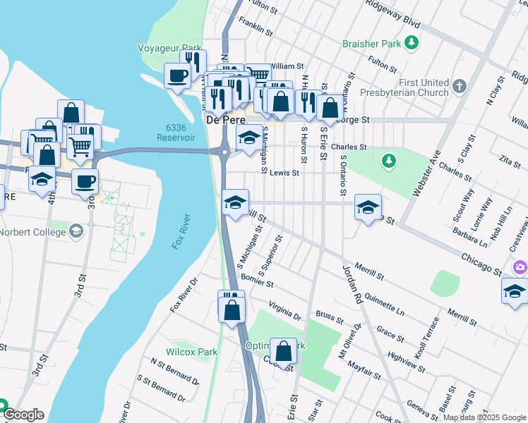 map of restaurants, bars, coffee shops, grocery stores, and more near 403 South Michigan Street in De Pere