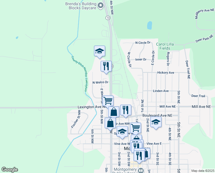 map of restaurants, bars, coffee shops, grocery stores, and more near 703 4th Street Northwest in Montgomery