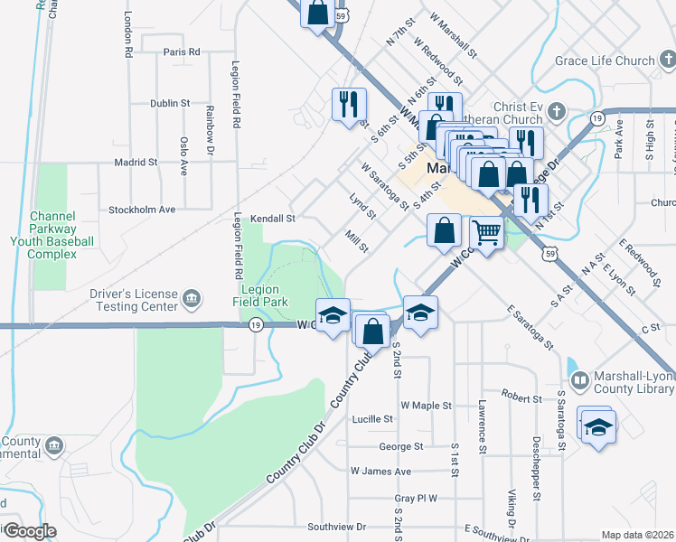map of restaurants, bars, coffee shops, grocery stores, and more near 410 South 4th Street in Marshall