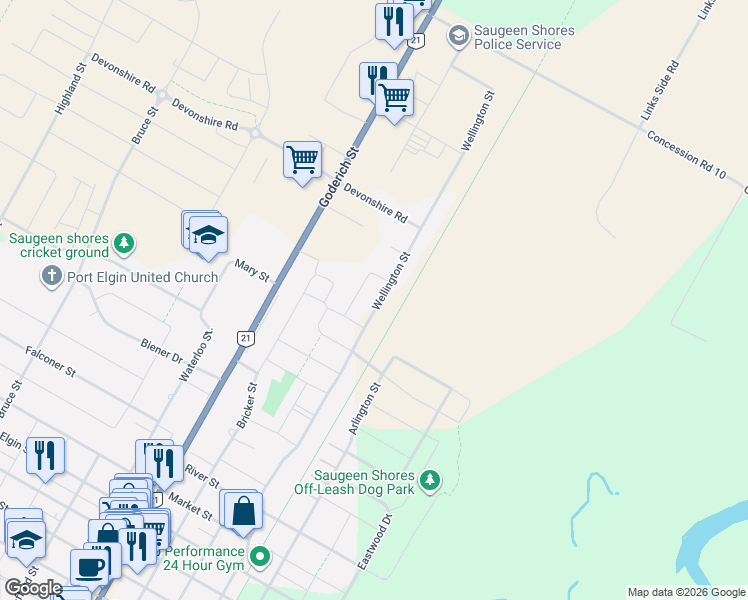 map of restaurants, bars, coffee shops, grocery stores, and more near 1038 Wellington Street in Port Elgin