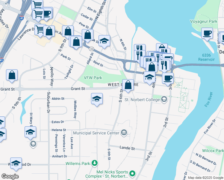 map of restaurants, bars, coffee shops, grocery stores, and more near 637 Grant Street in De Pere
