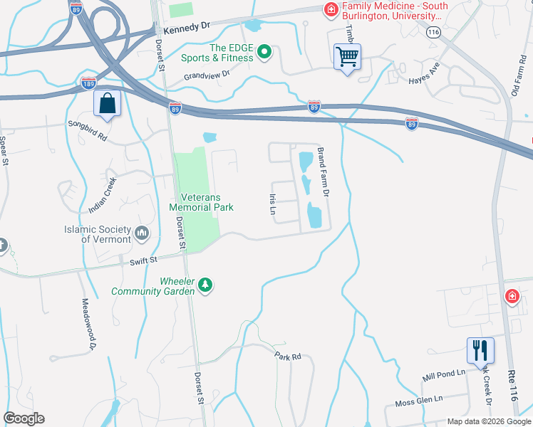 map of restaurants, bars, coffee shops, grocery stores, and more near 10 Iris Lane in South Burlington