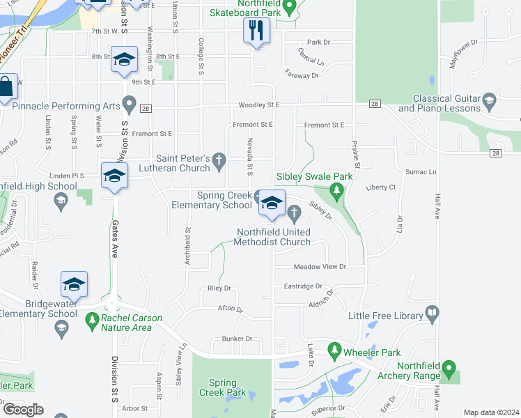map of restaurants, bars, coffee shops, grocery stores, and more near 1400 Maple Street in Northfield