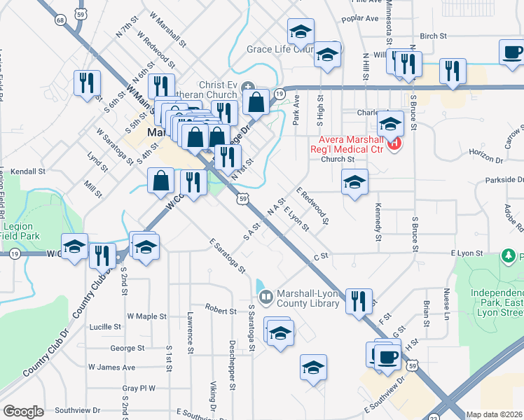 map of restaurants, bars, coffee shops, grocery stores, and more near 121 East Main Street in Marshall
