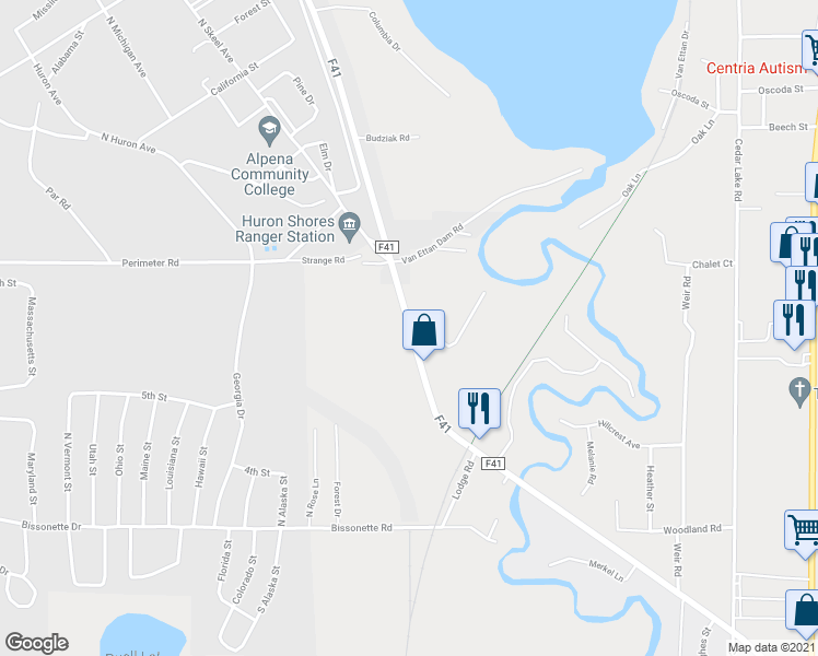 map of restaurants, bars, coffee shops, grocery stores, and more near 5739 F 41 in Oscoda charter Township