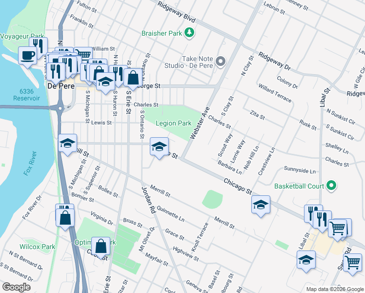 map of restaurants, bars, coffee shops, grocery stores, and more near 312 County Road G in De Pere
