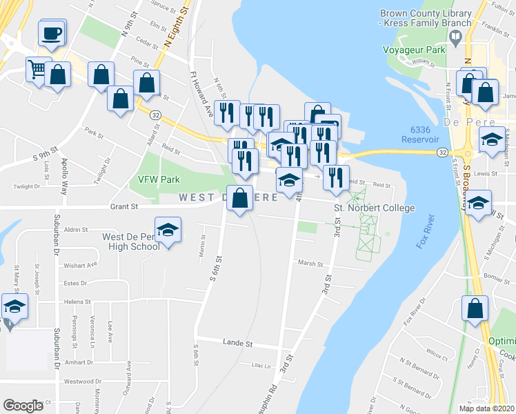 map of restaurants, bars, coffee shops, grocery stores, and more near 450 College Avenue in De Pere