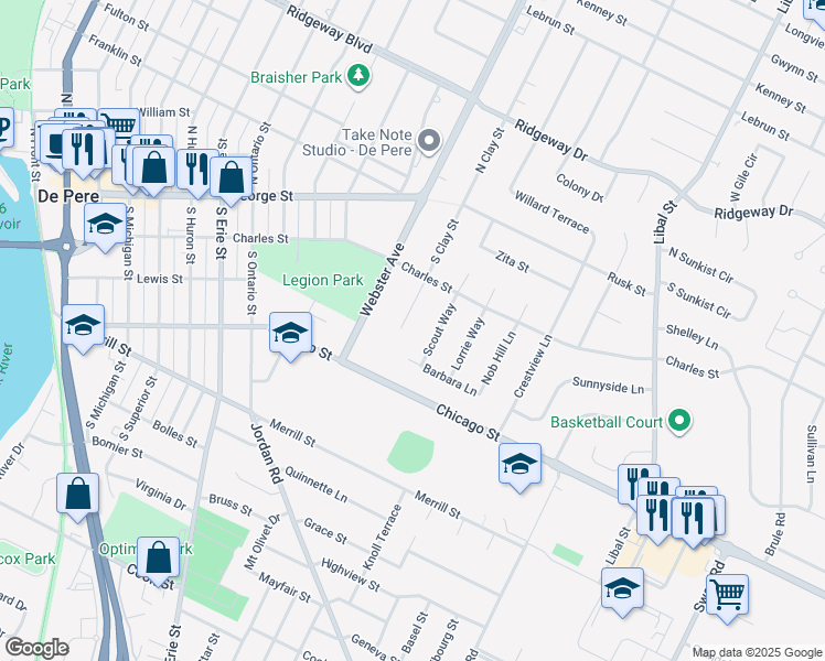 map of restaurants, bars, coffee shops, grocery stores, and more near 245 South Clay Street in De Pere