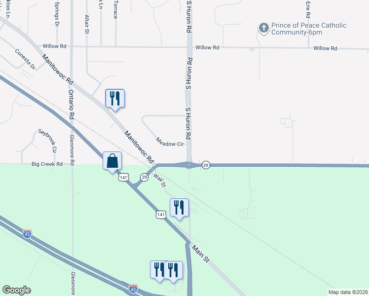 map of restaurants, bars, coffee shops, grocery stores, and more near 3290 Meadow Circle in Green Bay