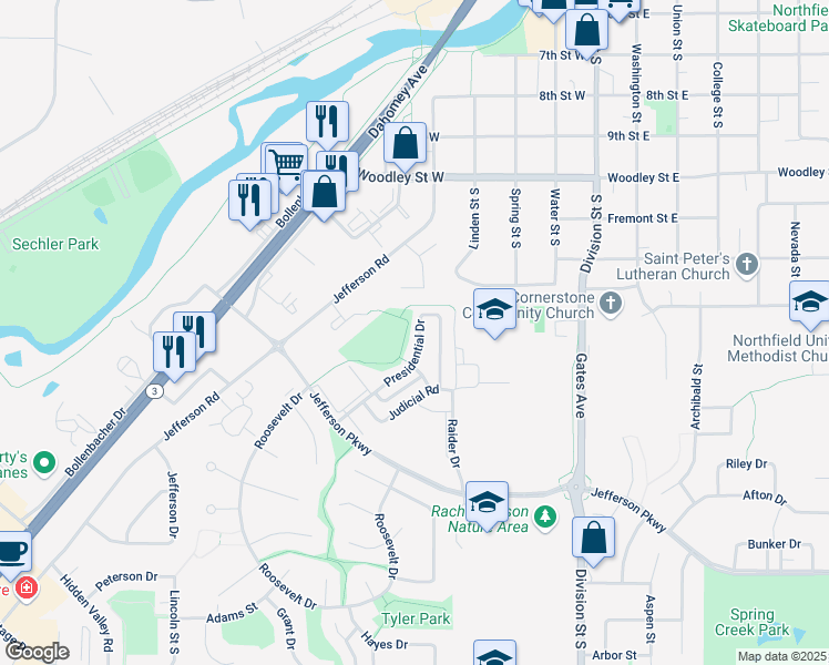 map of restaurants, bars, coffee shops, grocery stores, and more near 1308 Constitutional Drive in Northfield