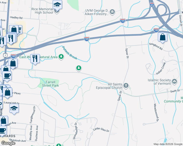 map of restaurants, bars, coffee shops, grocery stores, and more near 150 Swift Street in South Burlington