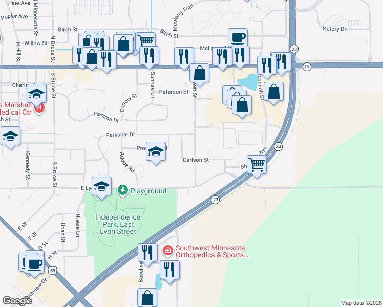 map of restaurants, bars, coffee shops, grocery stores, and more near 1409 Carlson Street in Marshall
