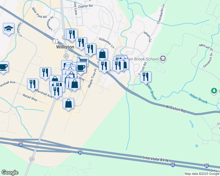 map of restaurants, bars, coffee shops, grocery stores, and more near 6226 Williston Road in Williston
