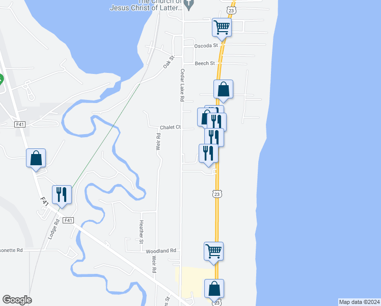 map of restaurants, bars, coffee shops, grocery stores, and more near 5719 North U.S. 23 in Oscoda