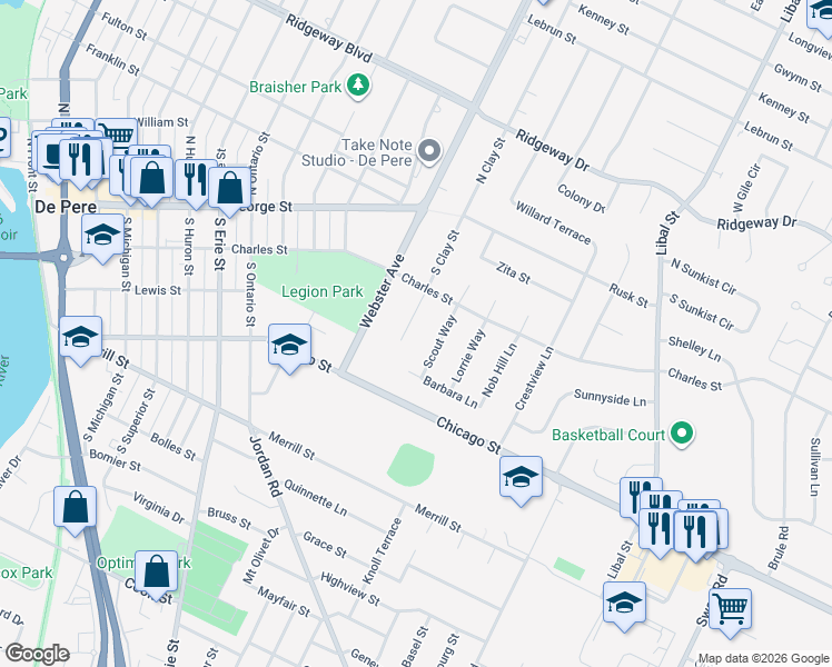 map of restaurants, bars, coffee shops, grocery stores, and more near 245 South Clay Street in De Pere