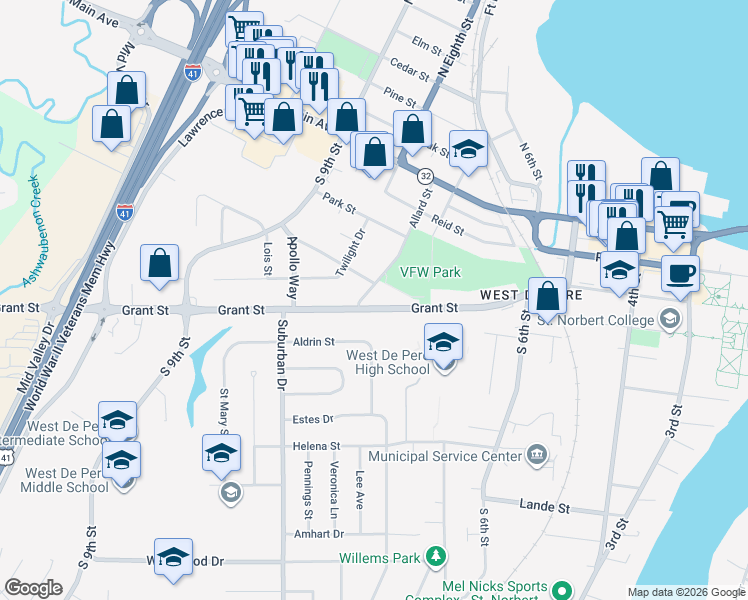map of restaurants, bars, coffee shops, grocery stores, and more near 813 Grant Street in De Pere