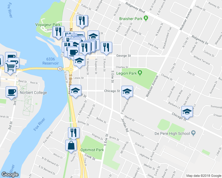 map of restaurants, bars, coffee shops, grocery stores, and more near 338 South Erie Street in De Pere