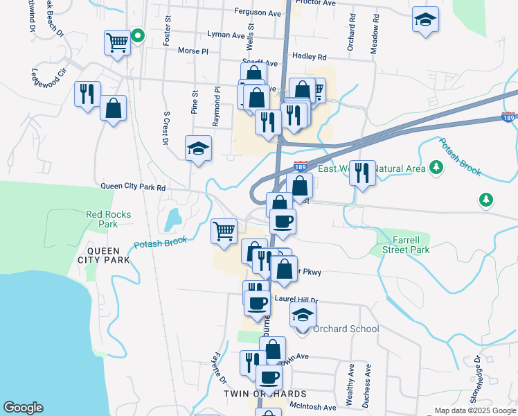 map of restaurants, bars, coffee shops, grocery stores, and more near Queen City Parkway in Burlington