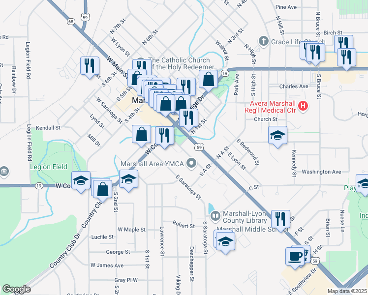 map of restaurants, bars, coffee shops, grocery stores, and more near 113-199 South 1st Street in Marshall
