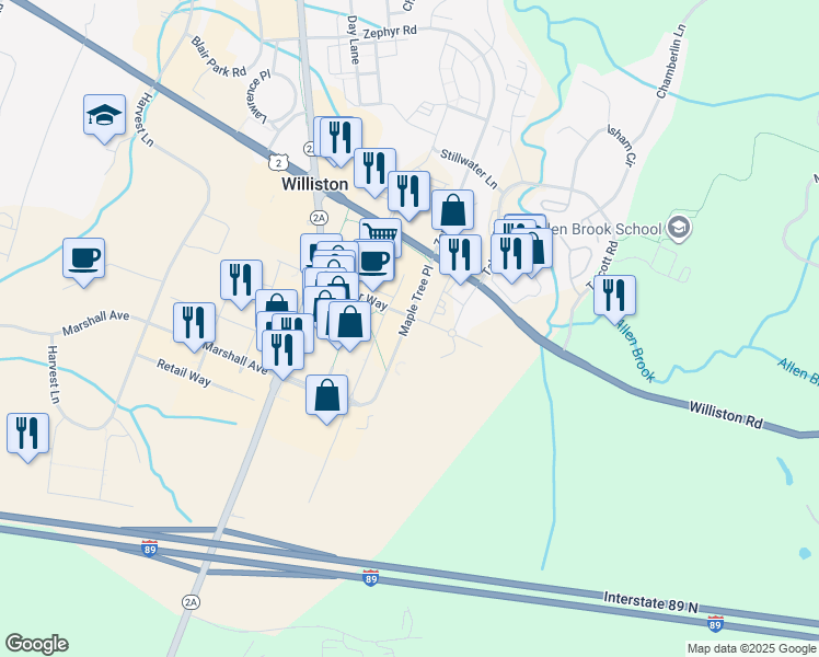 map of restaurants, bars, coffee shops, grocery stores, and more near 511 Maple Tree Place in Williston