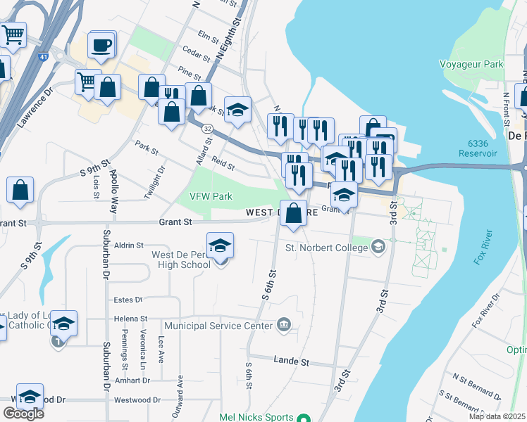 map of restaurants, bars, coffee shops, grocery stores, and more near 637 Grant Street in De Pere