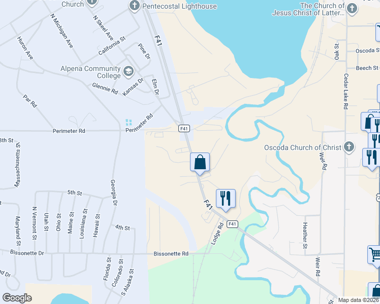 map of restaurants, bars, coffee shops, grocery stores, and more near 5731-5739 F 41 in Oscoda Township
