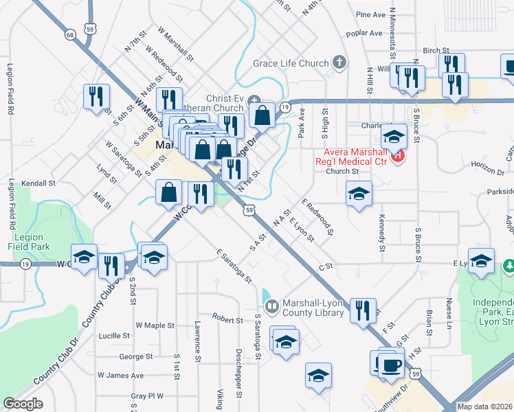 map of restaurants, bars, coffee shops, grocery stores, and more near 121 East Main Street in Marshall